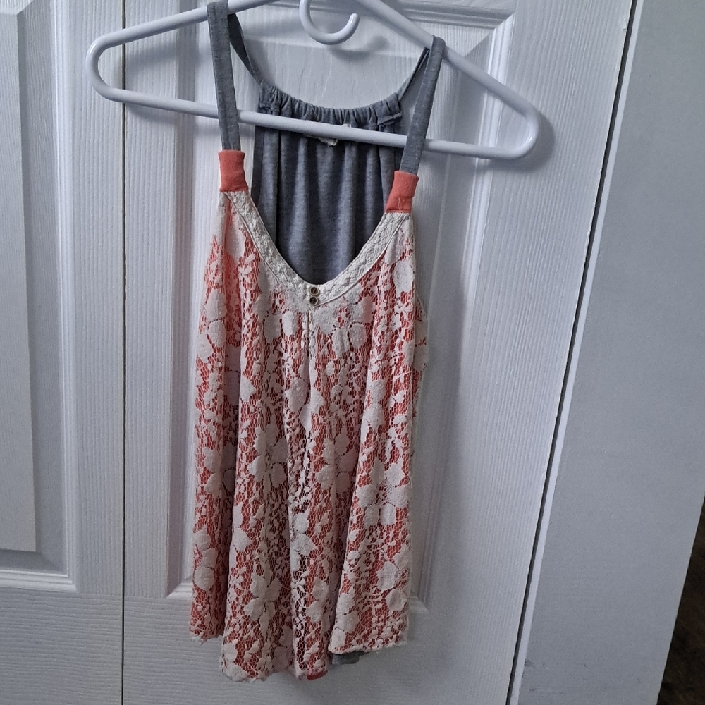 Lace Overlay Tank Top with Gray Straps